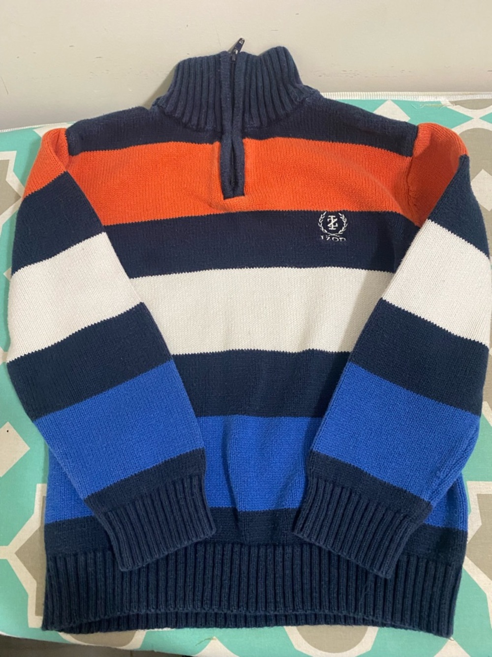 Izod Boys Navy Orange Blue White cotton Striped Half-Zip Sweater Size 4-5T